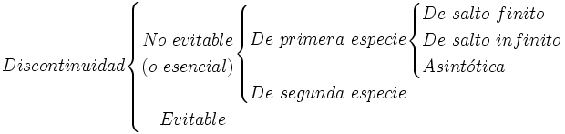 Discontinuidad      \begin{cases}      \begin{matrix}       No \ evitable      \\      (o \ esencial)      \end{matrix}         \begin{cases}             De \ primera \ especie                 \begin{cases}                     De \ salto \ finito                     \\                     De  \ salto \ infinito                     \\                     Asint\acute{o}tica                 \end{cases}             \\             De \ segunda \ especie         \end{cases}     \\             \quad Evitable              \end{cases}