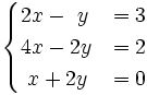 \begin{cases} 2x-~y & = 3 \\ 4x-2y & = 2 \\ ~x+2y & = 0 \end{cases}