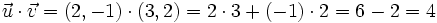 \vec{u} \cdot \vec{v}=(2,-1) \cdot (3,2)=2 \cdot 3 + (-1) \cdot 2=6-2=4