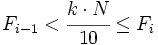 F_{i-1} < \cfrac{k \cdot N}{10} \le F_i