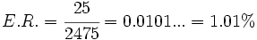 E.R. = \cfrac {25}{2475}=0.0101...=1.01%