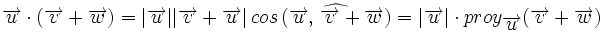\overrightarrow{u} \cdot (\overrightarrow{v} + \overrightarrow{w})=|\overrightarrow{u}| |\overrightarrow{v} + \overrightarrow{u}| \, cos \, (\widehat{\overrightarrow{u}, \,  \overrightarrow{v}+\overrightarrow{w}})=|\overrightarrow{u}| \cdot proy_\overrightarrow{u}(\overrightarrow{v}+\overrightarrow{w})