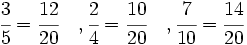 \cfrac{3}{5}=\cfrac{12}{20}\quad,\cfrac{2}{4}=\cfrac{10}{20}\quad,\cfrac{7}{10}=\cfrac{14}{20}