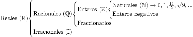 \mbox{Reales } (\mathbb{R}) \begin{cases} \mbox{Racionales }(\mathbb{Q}) \begin{cases} \mbox{Enteros } (\mathbb{Z}) \begin{cases} \mbox{Naturales } (\mathbb{N})\rightarrow 0,1,\frac{16} {2},\sqrt{9},...\\ \mbox{Enteros negativos} \end{cases}\\ \mbox{Fraccionarios} \end{cases}\\ \mbox{Irracionales } (\mathbb{I}) \end{cases}