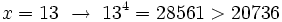 x=13 \ \rightarrow \ 13^4= 28561 > 20736\;