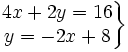 \left . \begin{matrix} 4x+2y=16 \\ y=-2x+8 \end{matrix} \right \}