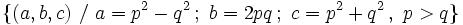 \{ (a,b,c)  \ / \ a=p^2-q^2 \, ; \ b=2pq \, ; \ c=p^2+q^2 \,, \ p>q \}