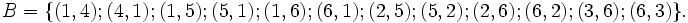 B = \big\{(1,4); (4,1); (1,5); (5,1); (1,6); (6,1); (2,5); (5,2); (2,6); (6,2); (3,6); (6,3) \big\}.