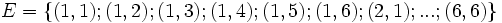 E = \big\{(1,1); (1,2); (1,3); (1,4); (1,5); (1,6); (2,1); ...; (6,6) \big\}