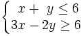 \left\{\begin{matrix}~x+~y \le 6 \\ 3x-2y \ge 6 \end{matrix} \right.