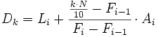 D_k=L_i+\cfrac{\frac{k \cdot N}{10}-F_{i-1}}{F_i-F_{i-1}}\cdot A_i