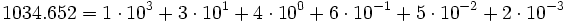 1034.652=1 \cdot 10^3 + 3 \cdot 10^1 + 4 \cdot 10^0 + 6 \cdot 10^{-1} + 5 \cdot 10^{-2} + 2 \cdot 10^{-3}