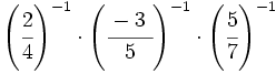 \left( \cfrac{2}{4} \right)^{-1} \cdot \left( \cfrac{-3~}{5} \right)^{-1} \cdot \left( \cfrac{5}{7} \right)^{-1}