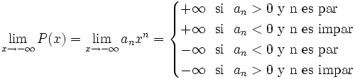 \lim_{x \to - \infty} P(x)= \lim_{x \to - \infty} a_nx^n = \begin{cases}  +\infty \ \ \mbox{si} \ \ a_n>0 \ \mbox{y n es par} \\  +\infty \ \ \mbox{si} \ \ a_n<0  \ \mbox{y n es impar} \\  -\infty \ \ \mbox{si} \ \ a_n<0  \ \mbox{y n es par} \\ -\infty \ \ \mbox{si} \ \ a_n>0  \ \mbox{y n es impar}  \end{cases}