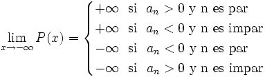 \lim_{x \to - \infty} P(x)=  \begin{cases}  +\infty \ \ \mbox{si} \ \ a_n>0 \ \mbox{y n es par} \\  +\infty \ \ \mbox{si} \ \ a_n<0  \ \mbox{y n es impar} \\  -\infty \ \ \mbox{si} \ \ a_n<0  \ \mbox{y n es par} \\ -\infty \ \ \mbox{si} \ \ a_n>0  \ \mbox{y n es impar}  \end{cases}