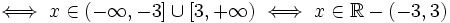 \iff x \in \left ( -\infty , -3 \right ] \cup \left [ 3, +\infty \right ) \iff x \in \mathbb{R}-\left ( -3, 3 \right )