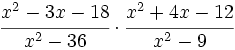 \cfrac{x^2-3x-18}{x^2-36} \cdot \cfrac{x^2+4x-12}{x^2-9}