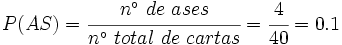 P(AS)=\cfrac{n^\circ \ de \ ases}{n^\circ \ total \ de \ cartas}=\cfrac{4}{40}=0.1