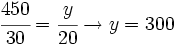 \cfrac{450}{30}=\cfrac{y}{20} \rightarrow y=300