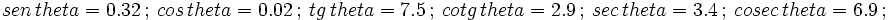 sen\,theta=0.32\,; \ cos\,theta=0.02\,; \ tg\,theta=7.5\,; \ cotg\,theta=2.9\,; \ sec\,theta=3.4\,; \ cosec\,theta=6.9\,; \
