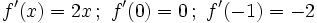 f'(x)=2x \, ; \ f'(0)=0\, ; \ f'(-1)=-2