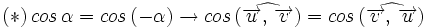 (*) \, cos \, \alpha=cos \, (-\alpha) \rightarrow cos \, (\widehat{\overrightarrow{u}, \,  \overrightarrow{v}})=cos \, (\widehat{\overrightarrow{v}, \,  \overrightarrow{u}})