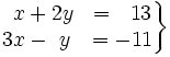 \left . \begin{matrix} ~~x+2y &=~~13 \\ 3x-~y &=-11 \end{matrix} \right \}