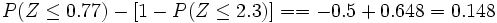 P(Z \le 0.77) - [1-P(Z \le 2.3)]= =-0.5 + 0.648 = 0.148
