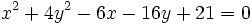 x^2+4y^2-6x-16y+21=0\;