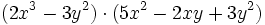 (2x^3-3y^2) \cdot (5x^2-2xy+3y^2)\,