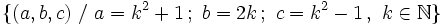 \{ (a,b,c) \ / \ a=k^2+1 \, ; \ b=2k\, ; \ c=k^2-1  \, , \ k \in \mathbb{N} \}