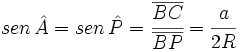 sen \, \hat A=sen \, \hat P=\cfrac{\overline{BC}}{\overline{BP}} = \cfrac{a}{2R}