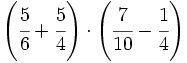 \left( \cfrac{5}{6}+\cfrac{5}{4} \right) \cdot \left( \cfrac{7}{10}-\cfrac{1}{4} \right)