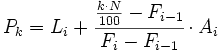 P_k=L_i+\cfrac{\frac{k \cdot N}{100}-F_{i-1}}{F_i-F_{i-1}}\cdot A_i