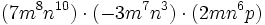 (7m^8n^{10}) \cdot (-3m^7n^3) \cdot (2mn^6p)\,