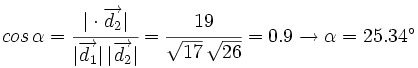 cos \, \alpha=\cfrac{| \cdot \overrightarrow{d_2}|}{|\overrightarrow{d_1}| \, |\overrightarrow{d_2}|}=\cfrac{19}{\sqrt{17} \, \sqrt{26}}=0.9 \rightarrow \alpha=25.34^\circ