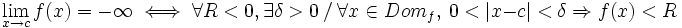 \lim_{x\to c}f(x)=-\infty\iff\forall R<0, \exists \delta > 0 \ / \ \forall x \in Dom_f, \ 0 < |x-c|<\delta \Rightarrow f(x)<R