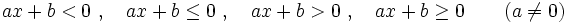 ax+b<0 \ , \quad ax+b \le 0  \ , \quad ax+b>0 \ , \quad ax+b \ge 0 \qquad (a \ne 0)