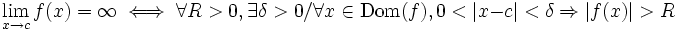 \lim_{x\to c}f(x)=\infty\iff\forall R>0, \exists \delta > 0 / \forall x \in \mathrm{Dom}(f),  0 < |x-c|<\delta \Rightarrow |f(x)|>R
