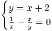 \begin{cases} y=x+2 \\ \frac{1}{x}-\frac{x}{y}=0 \end{cases}