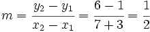 m=\cfrac{y_2-y_1}{x_2-x_1}=\cfrac{6-1}{7+3}=\cfrac{1}{2}