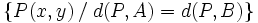 \big \{P(x,y) \, / \; d(P,A)=d(P,B) \big \}