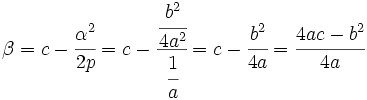 \beta=c-\cfrac{\alpha^2}{2p}=c-\cfrac{\cfrac{b^2}{4a^2}}{\cfrac{1}{a}}=c-\cfrac{b^2}{4a}=\cfrac{4ac-b^2}{4a}