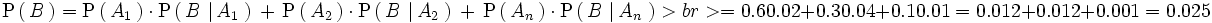 \mathrm{P}   \left(     \, B \,   \right)  ={   \mathrm{P}   \left(     \, A_1 \,   \right)   \cdot \mathrm{P}   \left(     \, B \, \left| \, A_1 \, \right.   \right)   \, + \,   \mathrm{P}   \left(     \, A_2 \,   \right)   \cdot \mathrm{P}   \left(     \, B \, \left| \, A_2 \, \right.   \right)   \, + \,    \mathrm{P}   \left(     \, A_n \,   \right)   \cdot \mathrm{P}   \left(     \, B \, \left| \, A_n \, \right.   \right) } >br> =0.6 · 0.02 + 0.3 · 0.04 + 0.1 · 0.01 = 0.012 + 0.012 + 0.001 = 0.025