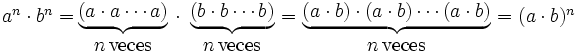 \begin{matrix}  a^n \cdot b^n= \, \\ \; \end{matrix}  \begin{matrix}    \underbrace{ (a \cdot a \cdots a) } \\ n \, \mbox{veces}  \end{matrix} \begin{matrix}  \ \cdot \ \, \\ \; \end{matrix} \begin{matrix}    \underbrace{ (b \cdot b \cdots b) } \\ n \, \mbox{veces}  \end{matrix} \begin{matrix}   \ = \ \\ \; \end{matrix}  \begin{matrix}    \underbrace{ (a \cdot b) \cdot (a \cdot b) \cdots (a \cdot b) } \\ n \, \mbox{veces}  \end{matrix} \begin{matrix} \ =(a \cdot b)^n \, \\ \; \end{matrix}