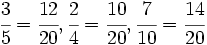 \cfrac{3}{5}=\cfrac{12}{20},\cfrac{2}{4}=\cfrac{10}{20},\cfrac{7}{10}=\cfrac{14}{20}