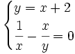 \begin{cases} y=x+2 \\ \cfrac{1}{x}-\cfrac{x}{y}=0 \end{cases}