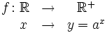 \begin{matrix} f \colon \mathbb{R} & \rightarrow & \mathbb{R}^+  \\ \, \quad x & \rightarrow &  y=a^x \end{matrix}