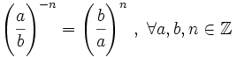 \left ( \cfrac{a}{b} \right )^{-n}=\left ( \cfrac{b}{a} \right )^{n} \, , \ \forall a, b, n \in \mathbb{Z}