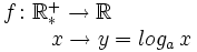 \begin{matrix} f \colon \mathbb{R}{}_*^+  \rightarrow  \mathbb{R} \quad  \\ \, \qquad \qquad \ \ x  \rightarrow   y=log_a \, x \end{matrix}